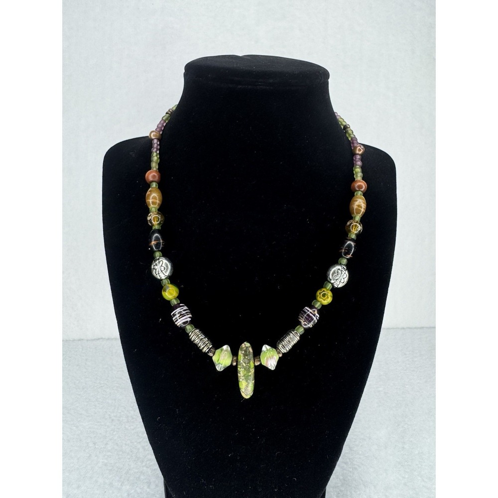 Vintage Handmade Jasper Like Green Stone Pendant Beaded Necklace Boho